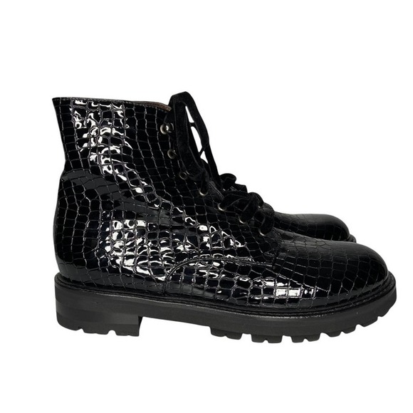 ATTILIO GIUSTI LEOMBRUNI Combat Boot Croc Embossed Patent Leather Size NWOT - Picture 2 of 12